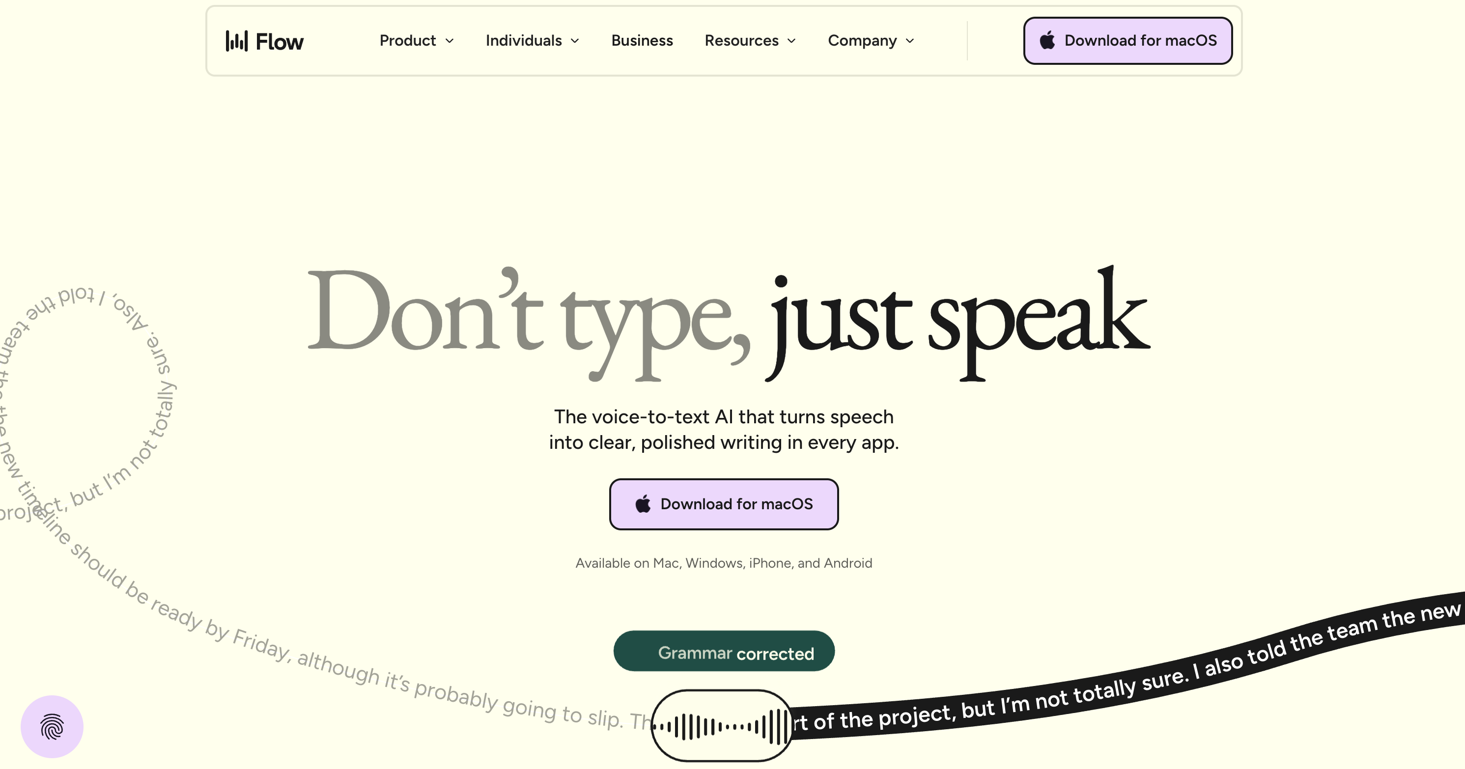 Wispr Flow homepage 2026: Don't type, just speak
